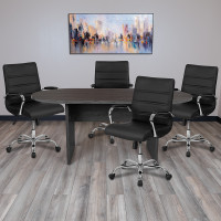 Flash Furniture BLN-6GCGRY2286-BK-GG 5 Piece Rustic Gray Oval Conference Table Set with 4 Black and Chrome LeatherSoft Executive Chairs
